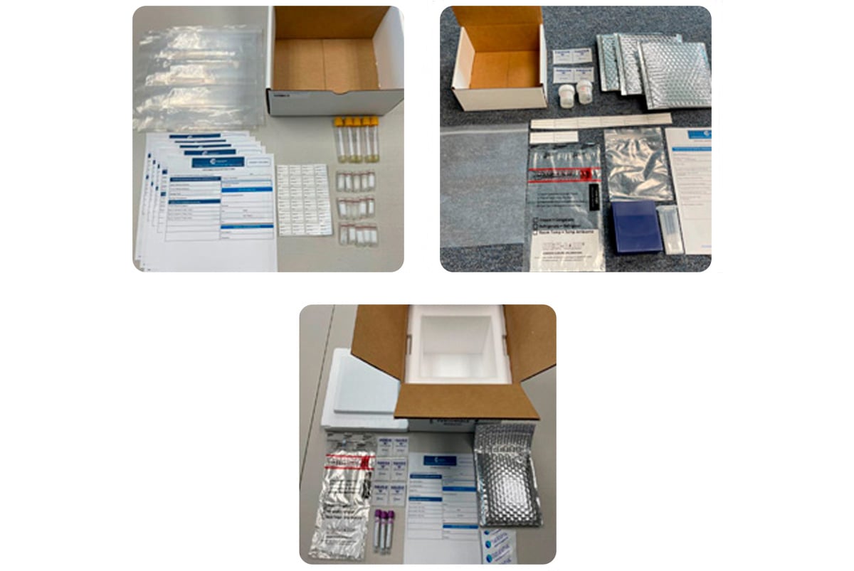 Sample collection kits provided by Champions for clinical trial patient sample collection.