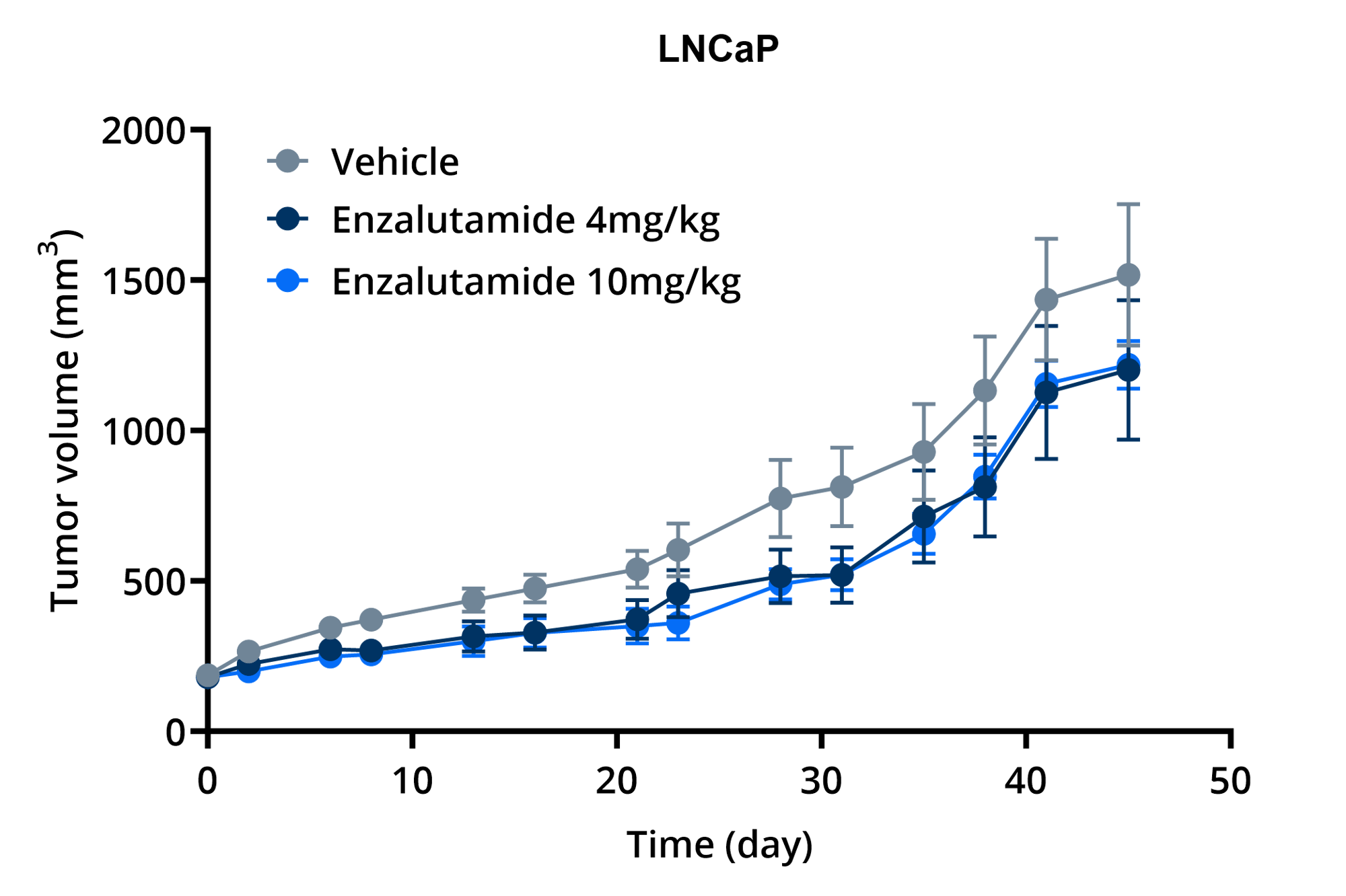 Results of LNCaP cell line-derived Xenograft model being tested with two doses of Enzalutamide.